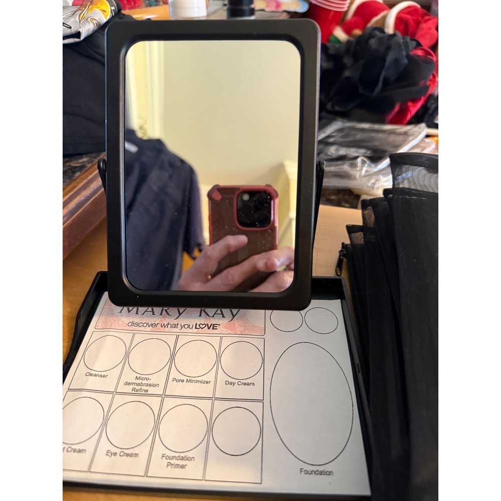 6 Mary‎ Kay Folding Travel Mirror with Skincare Makeup Tray and Mesh Pouch Black